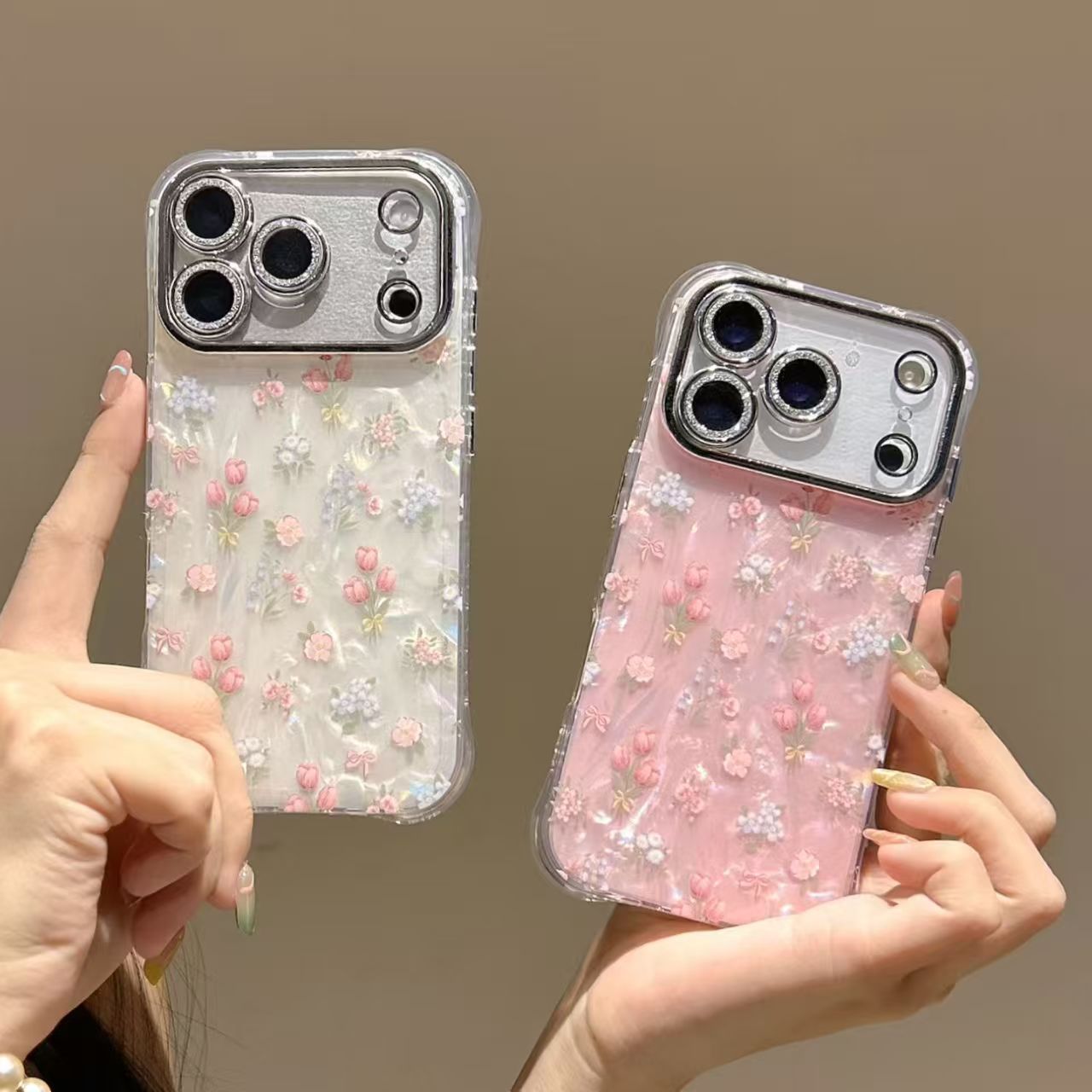 Pearly Transparent tulip Flower Curvy Edge Phone Case with Phone Charm Strap,Compatible for iphone 17