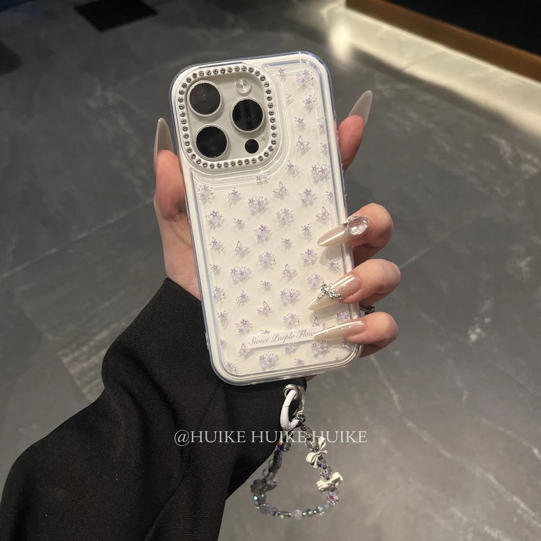 SUMMER FRESH Purple Flower White phone case with Phone Charm Strap