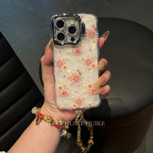 COLORFUL FLOWER Pearly Transparent Phone Case with Phone Charm Strap