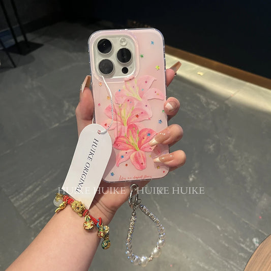 Pink Lily Star Transparent  Phone Case with Phone Charm Strap
