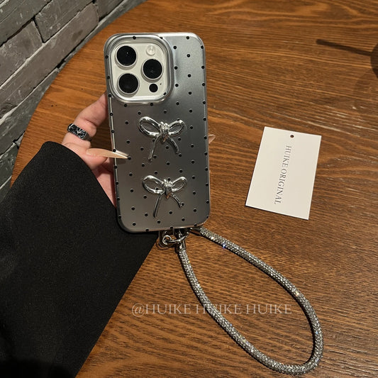 SLIVER POLKA DOT Bow Phone Case with Phone Charm Strap