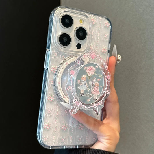 PINK FLOWER Magnetic Phone Case[Compatible with Magsafe]with Magnetic Bracket, Compatible for Samsung & iPhone