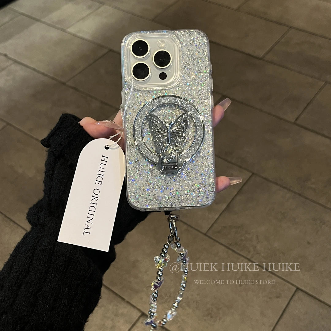 BUTTERFLY GLITTER Bracket Phone Case with Phone Charm Strap