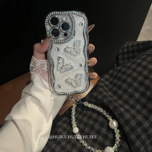 Handmade Diamond Inlaid Butterfly Phone Case with Phone Charm Strap