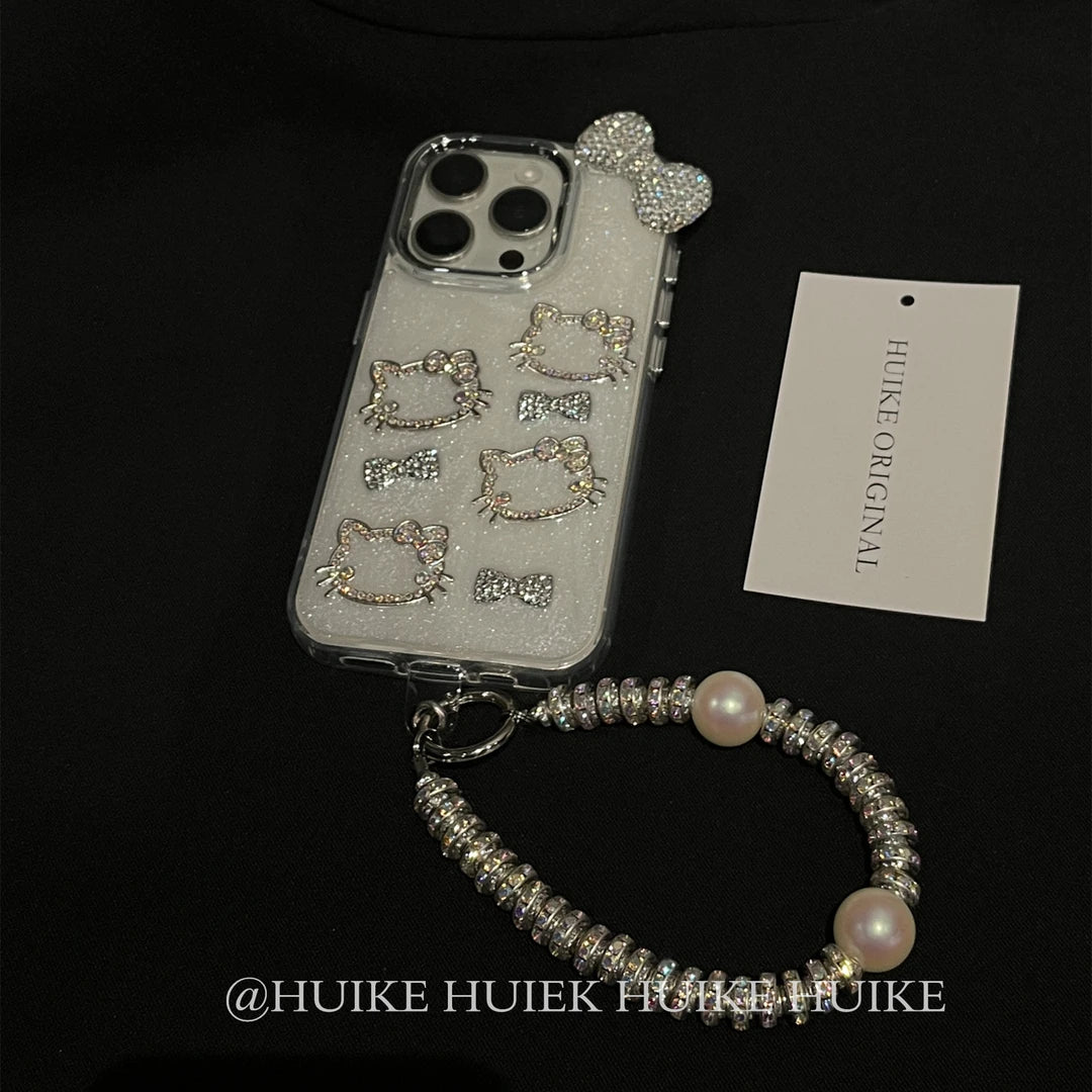 HANDMADE SILVERY KITTY CAT Sparkling Phone Case with Phone Charm Strap, Compatible for Samsung & iPhone