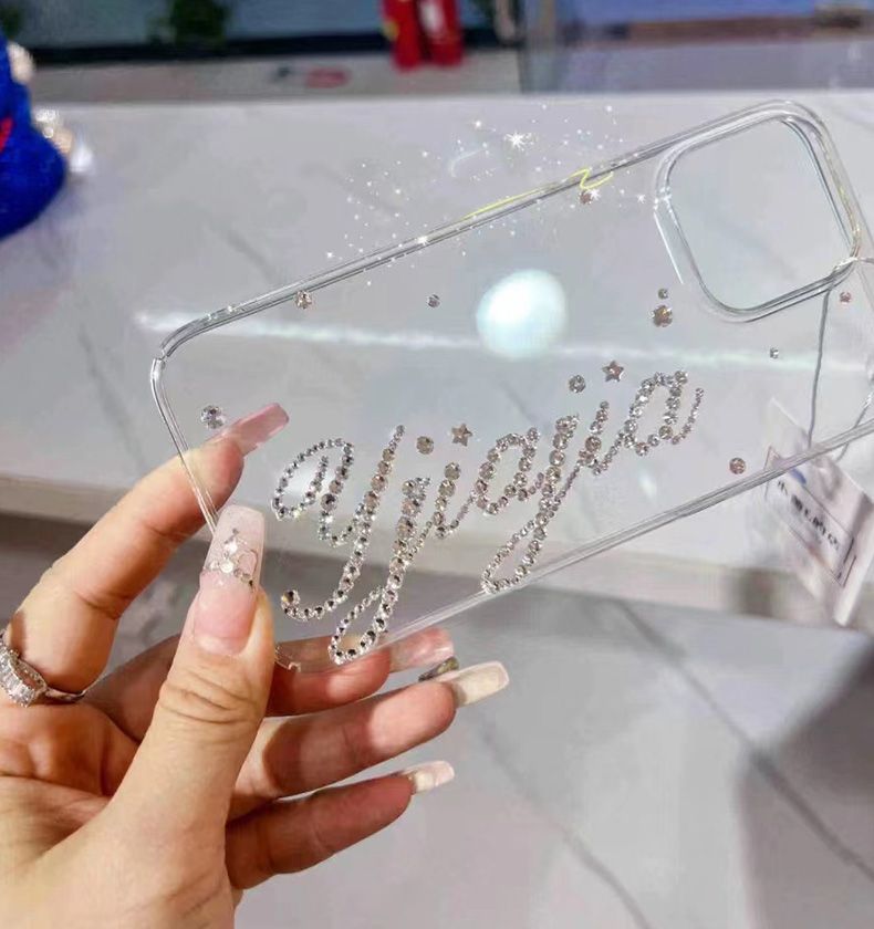 RHINESTONE CUSTOMIZED NAME Transparent Phone Case with Phone Charm Strap