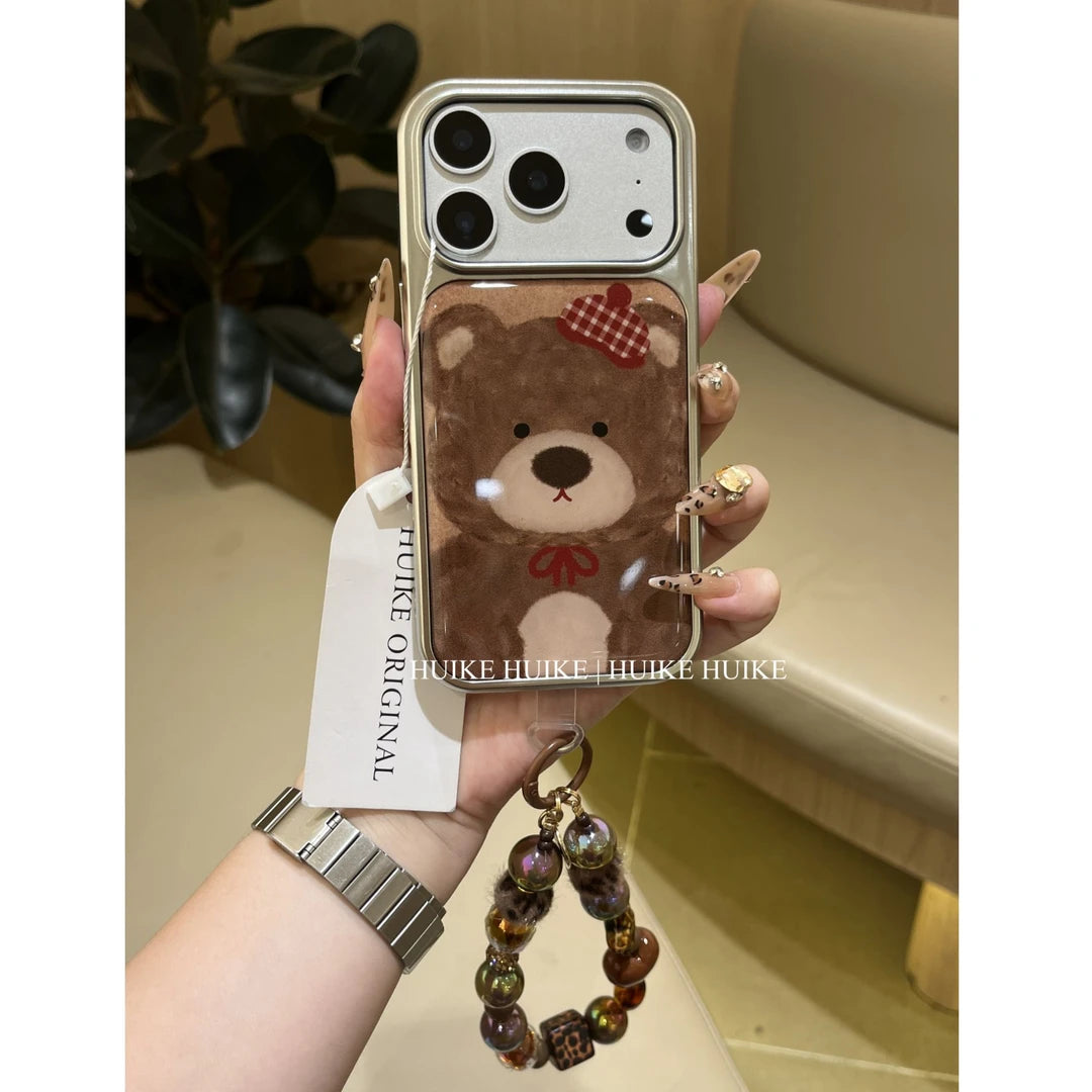 Cute Brown Bear Phone Case with Phone Charm Strap,Compatible for iphone 17