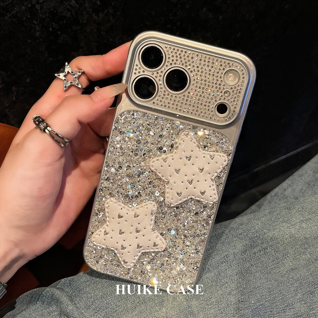 Sliver Gliter Hanfmade Star Phone Case with Phone Charm Strap,Compatible for iphone 17