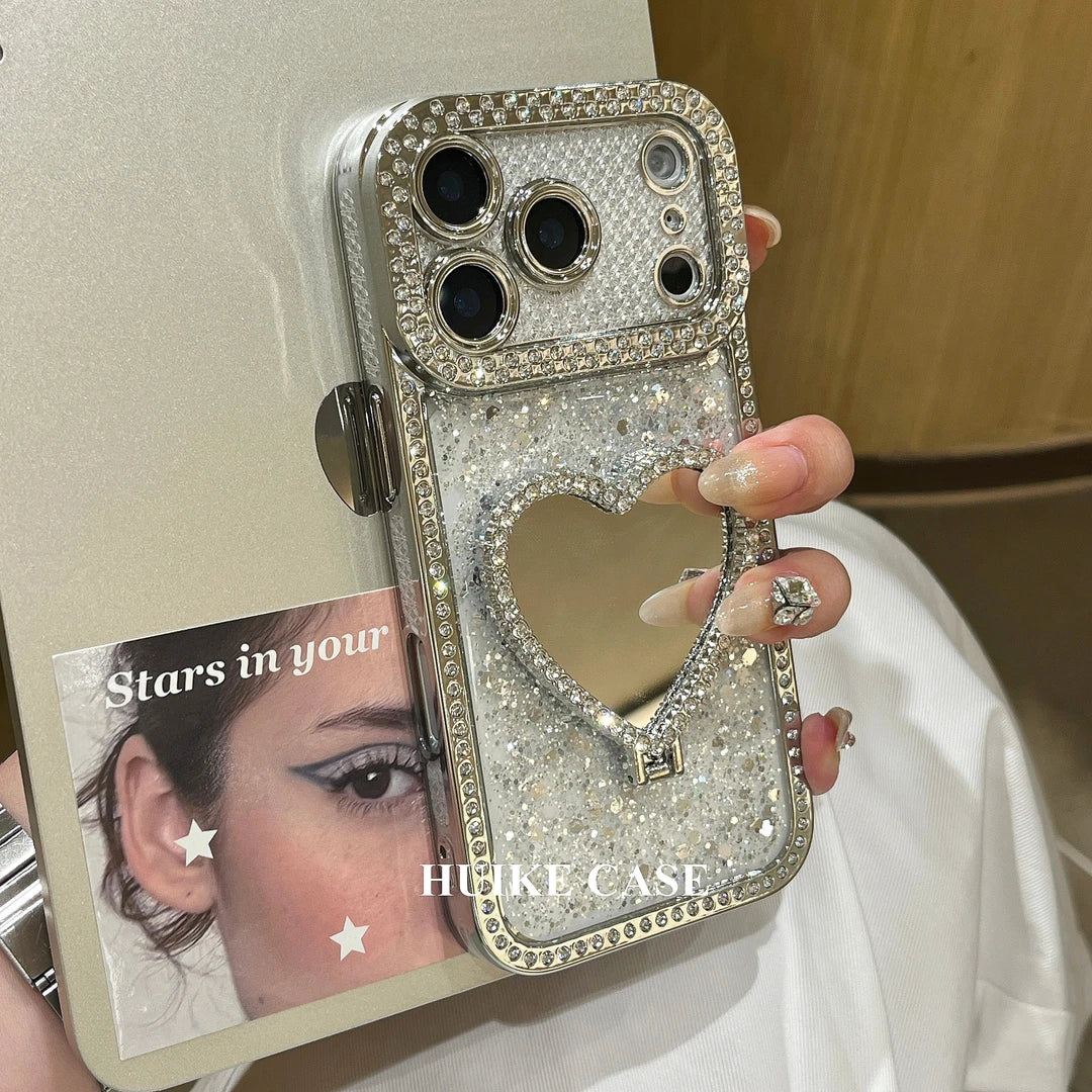 Shiny Heart Mirror Holder phone case  Phone Case with Phone Charm Strap,Compatible for iphone 17