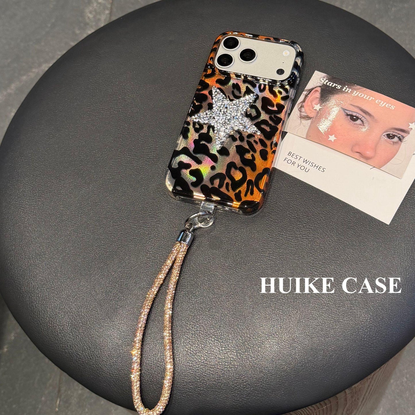 Advanced Leopard Print Match Big Shiny Star  Phone Case with Phone Charm Strap,Compatible for iphone 17