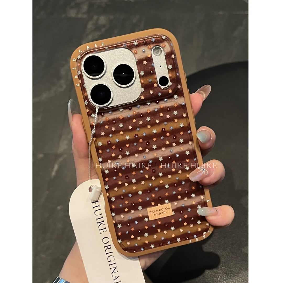 Autumn And Winter Brown Little Floral Phone Case with Phone Charm Strap,Compatible for iphone 17