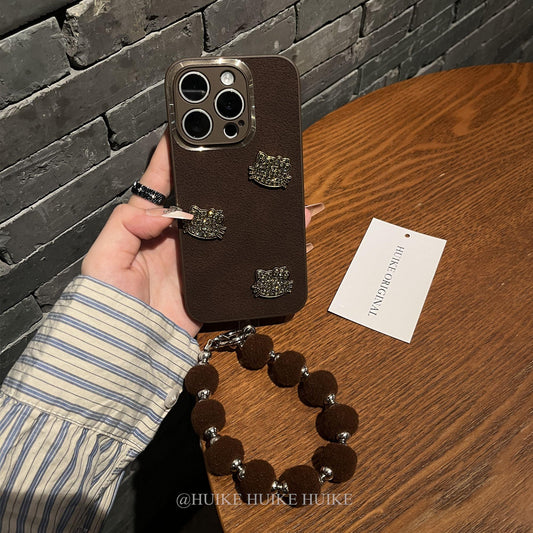 Brown Leather-Kitty Phone Case with Phone Charm Strap,Compatible for iphone 17