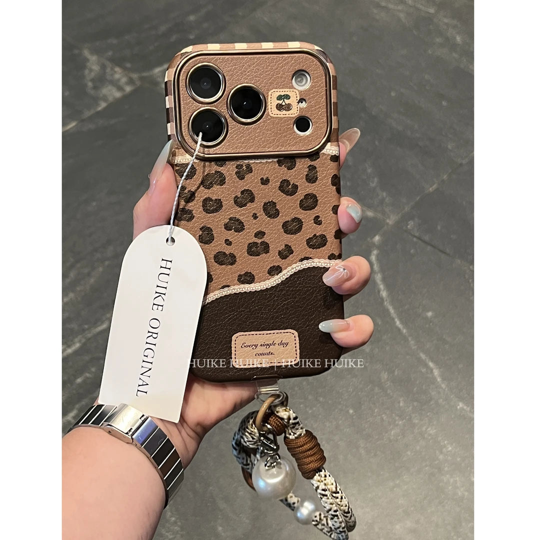 Leather Leopard Print Cherry Phone Case with Phone Charm Strap,Compatible for iphone 17