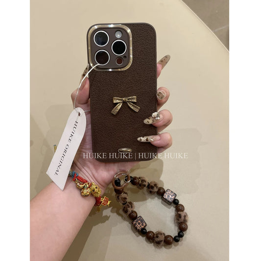 Brown Retro Bow Phone Case with Phone Charm Strap,Compatible for iphone 17