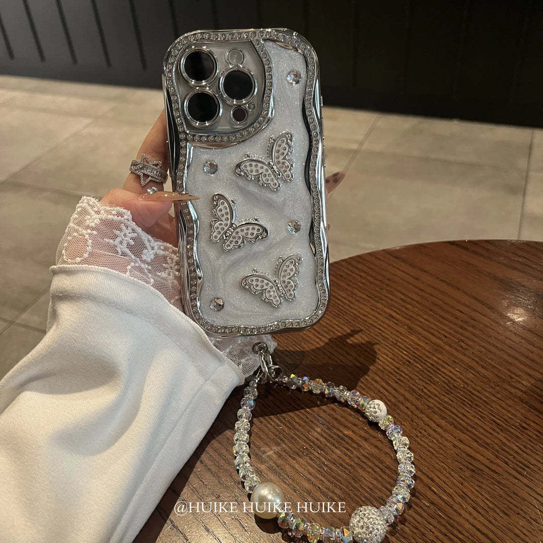 Handmade Diamond Inlaid Butterfly Phone Case with Phone Charm Strap