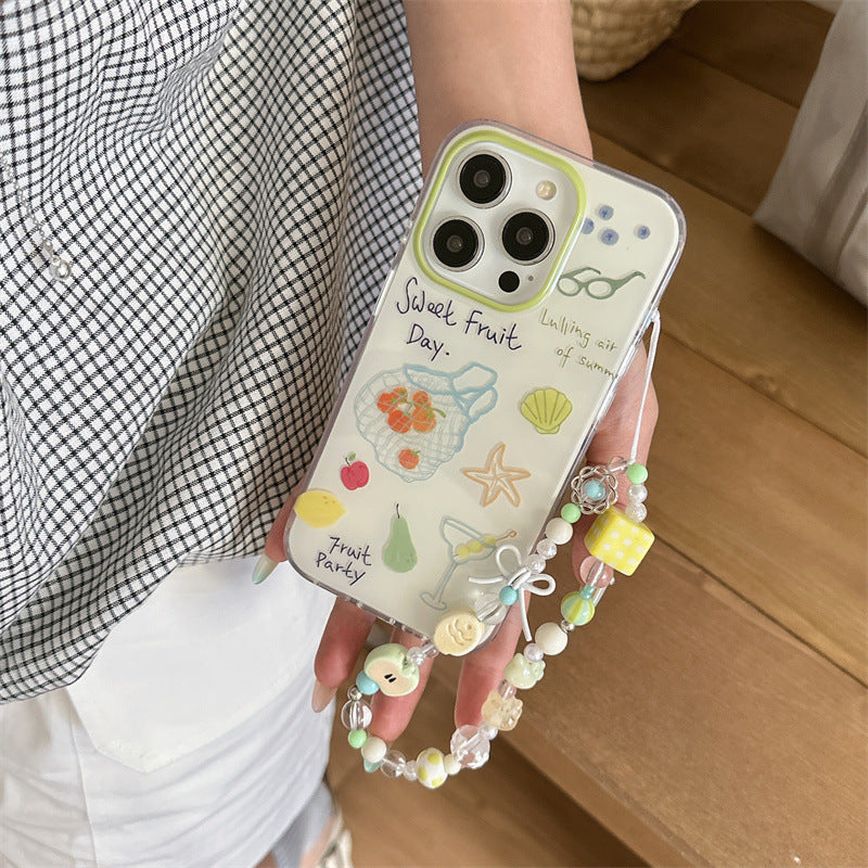 Summer Starfish Shell Fruit Beach Vacation Phone Case with Phone Charm Strap,Compatible for iphone 17