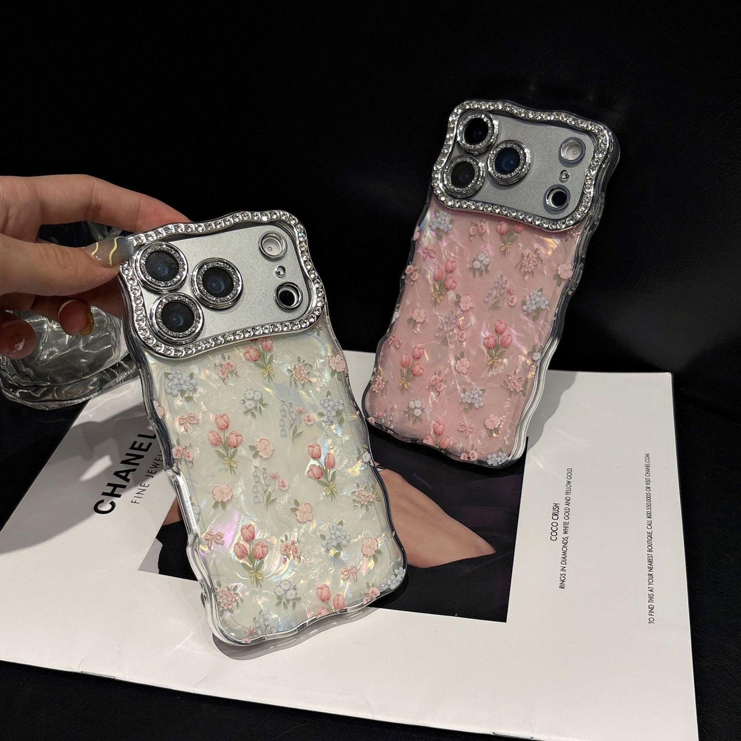 Pearly Transparent tulip Flower Curvy Edge Phone Case with Phone Charm Strap,Compatible for iphone 17