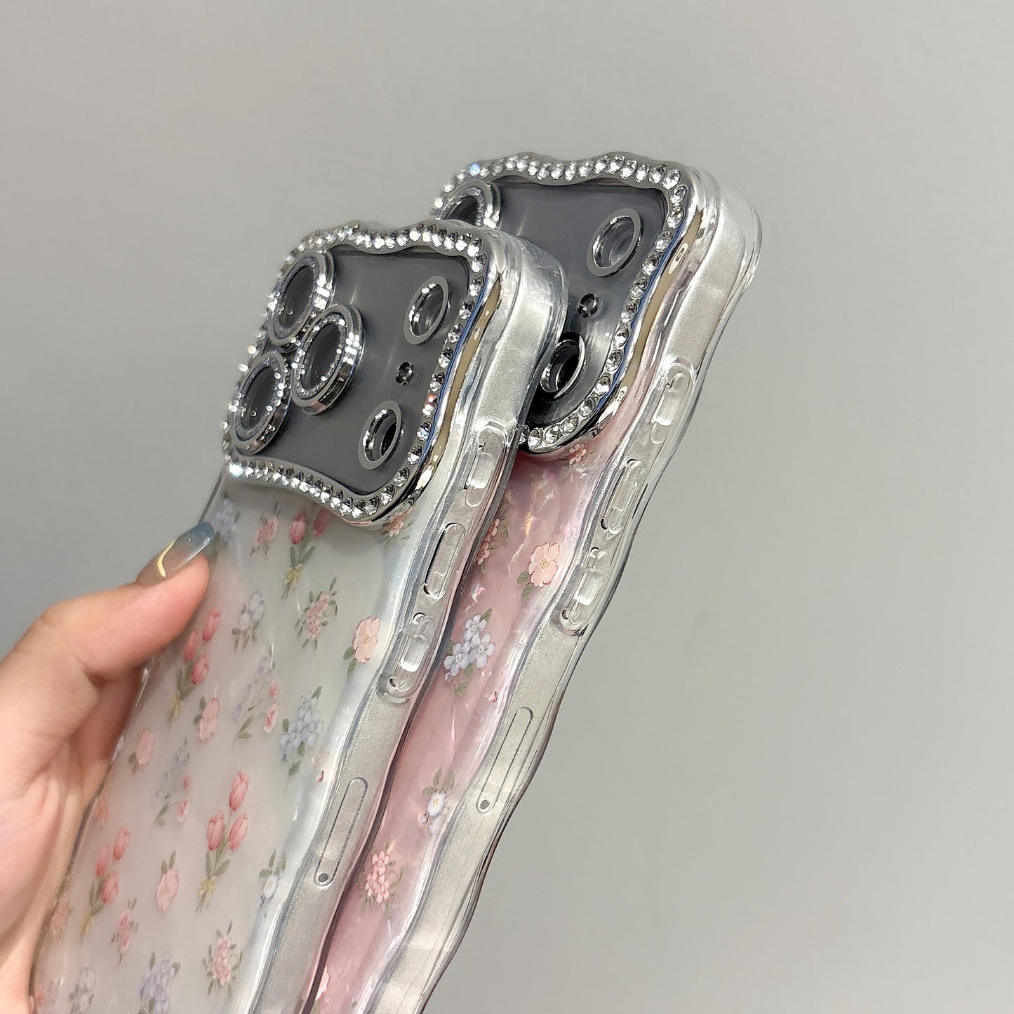 Pearly Transparent tulip Flower Curvy Edge Phone Case with Phone Charm Strap,Compatible for iphone 17