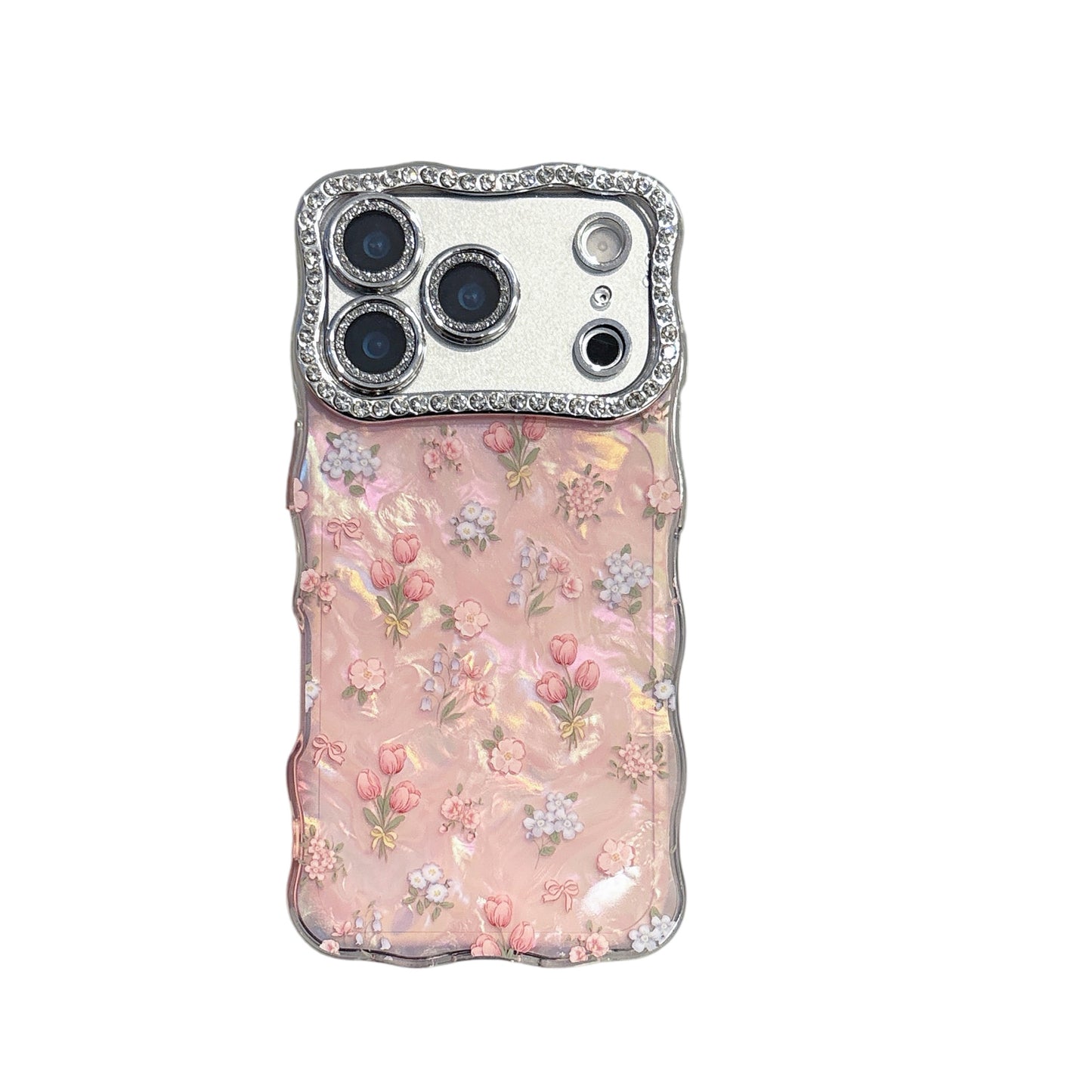 Pearly Transparent tulip Flower Curvy Edge Phone Case with Phone Charm Strap,Compatible for iphone 17