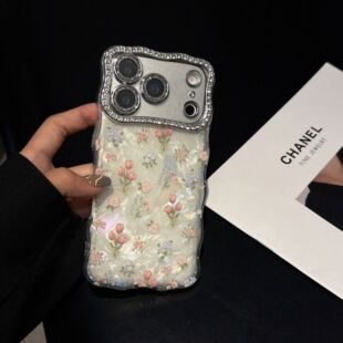 Pearly Transparent tulip Flower Curvy Edge Phone Case with Phone Charm Strap,Compatible for iphone 17
