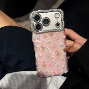 Pearly Transparent tulip Flower Curvy Edge Phone Case with Phone Charm Strap,Compatible for iphone 17
