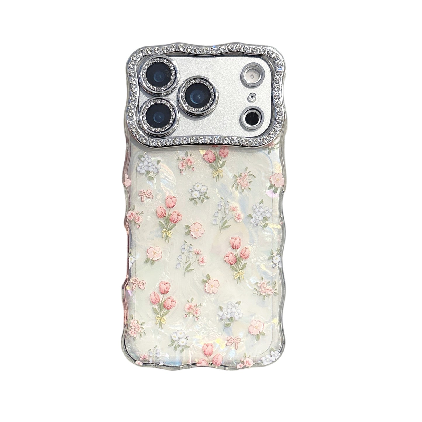 Pearly Transparent tulip Flower Curvy Edge Phone Case with Phone Charm Strap,Compatible for iphone 17