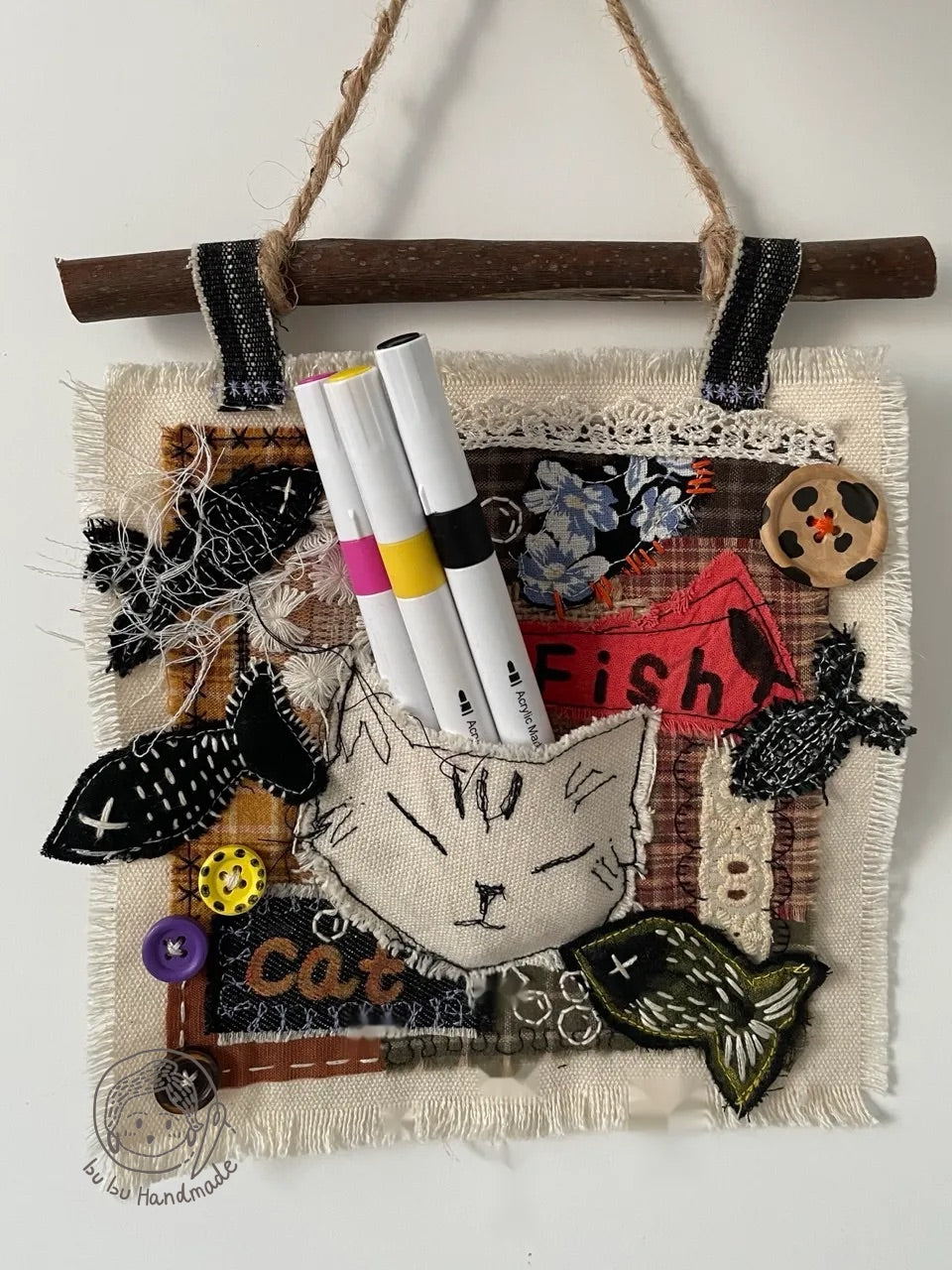 Kitten Pocket丨Patchwork Hanging Picture, Fabric Art Collage