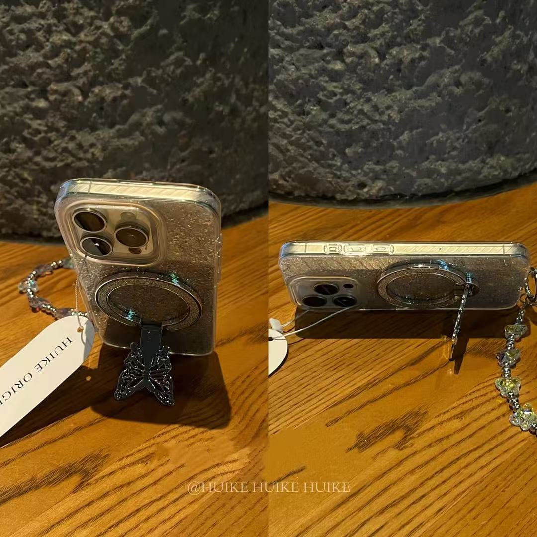 BUTTERFLY GLITTER Bracket Phone Case with Phone Charm Strap