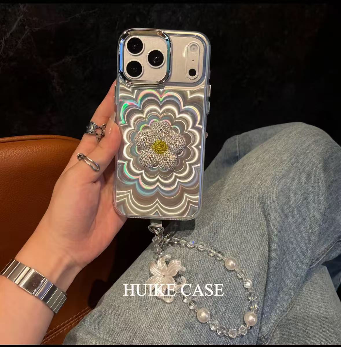 Phantom Handmade Flower Phone Case with Phone Charm Strap,Compatible for iphone 17