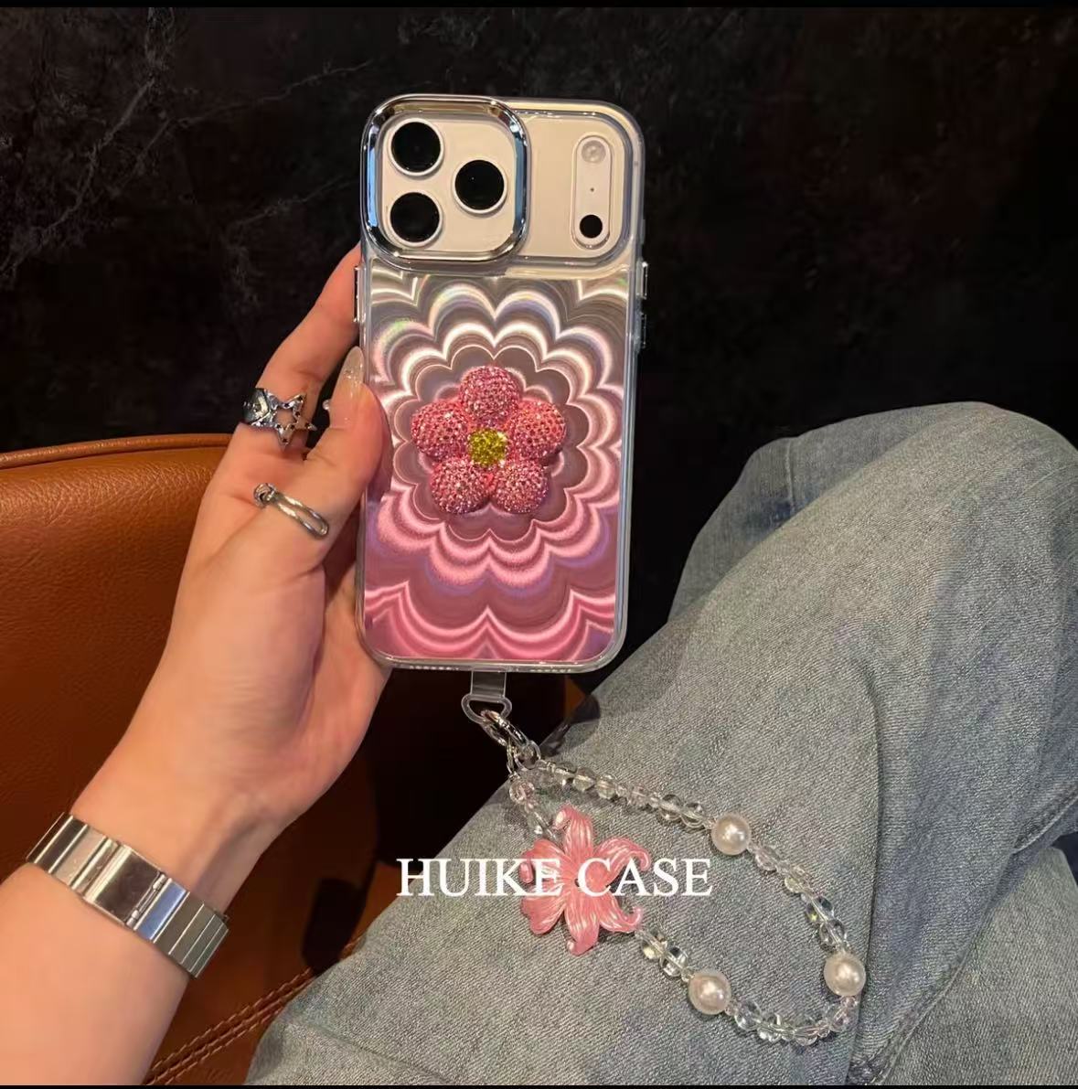 Phantom Handmade Flower Phone Case with Phone Charm Strap,Compatible for iphone 17