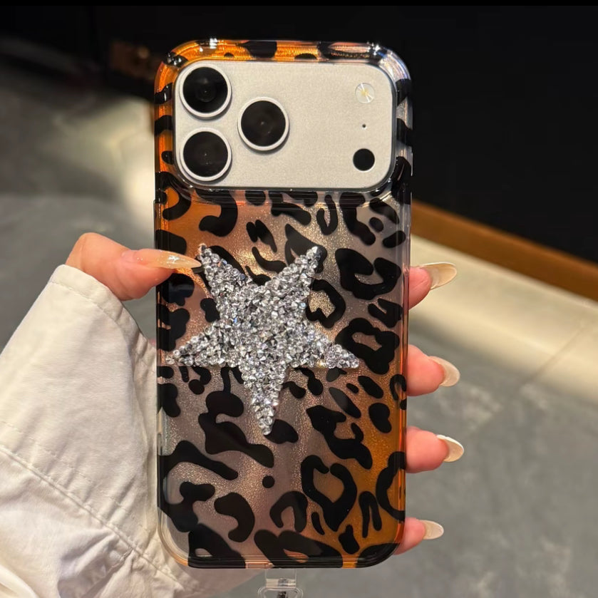 Advanced Leopard Print Match Big Shiny Star  Phone Case with Phone Charm Strap,Compatible for iphone 17