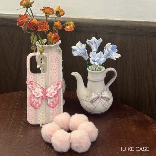 HANDMADE PINK EMBROIDERED Butterfly Phone Case with Phone Charm Strap