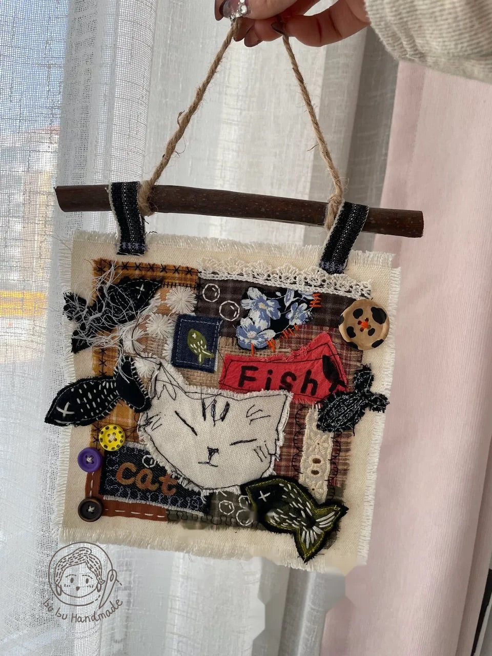 Kitten Pocket丨Patchwork Hanging Picture, Fabric Art Collage