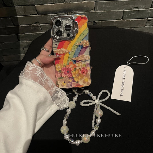 FLOWERS ON RAINBOW Phone Case with Phone Charm Strap